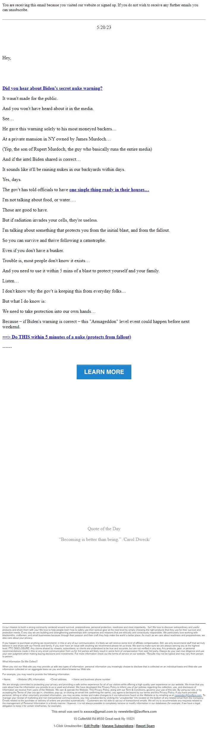 Screenshot of the email generated on import