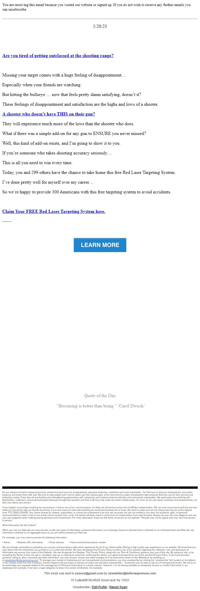 Screenshot of the email generated on import