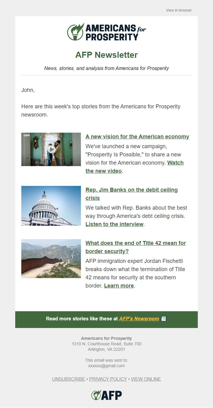 Screenshot of the email generated on import