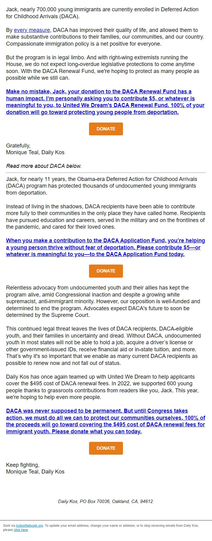 Screenshot of the email generated on import