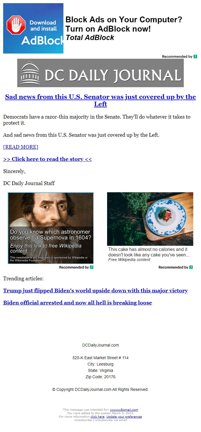 Screenshot of the email generated on import