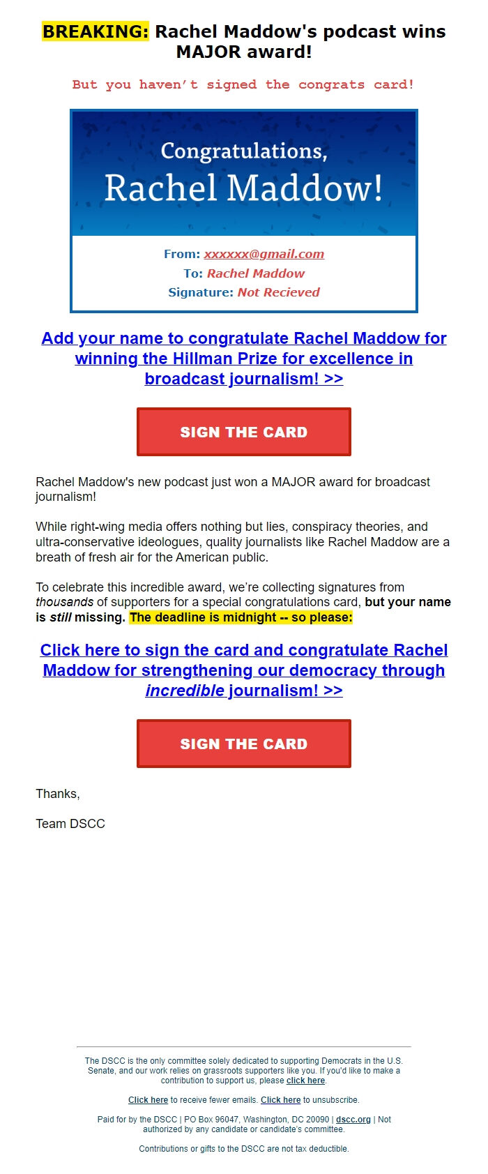 Screenshot of the email generated on import