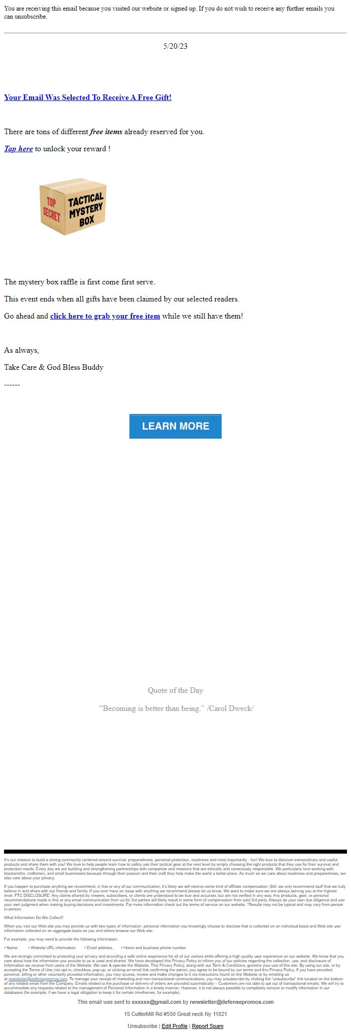 Screenshot of the email generated on import