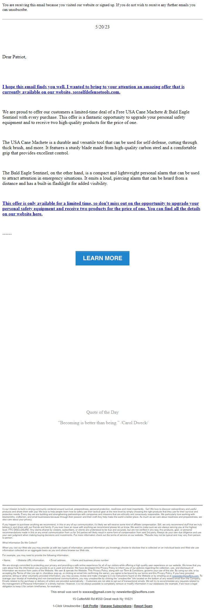 Screenshot of the email generated on import