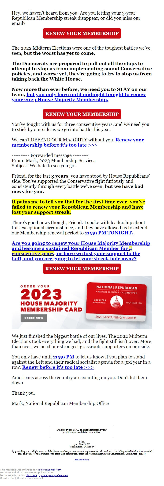 Screenshot of the email generated on import