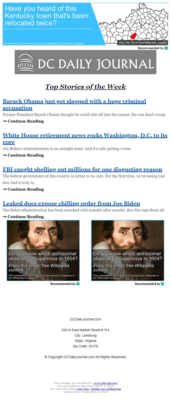Screenshot of the email generated on import