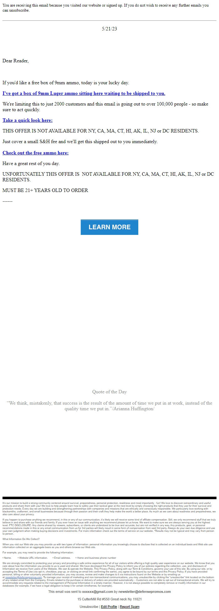 Screenshot of the email generated on import