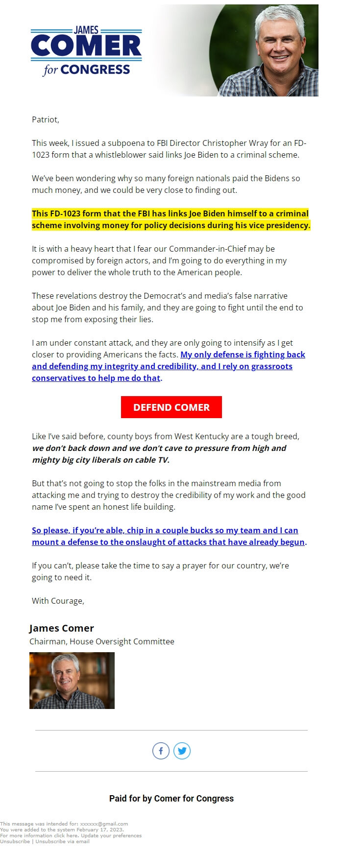 Screenshot of the email generated on import