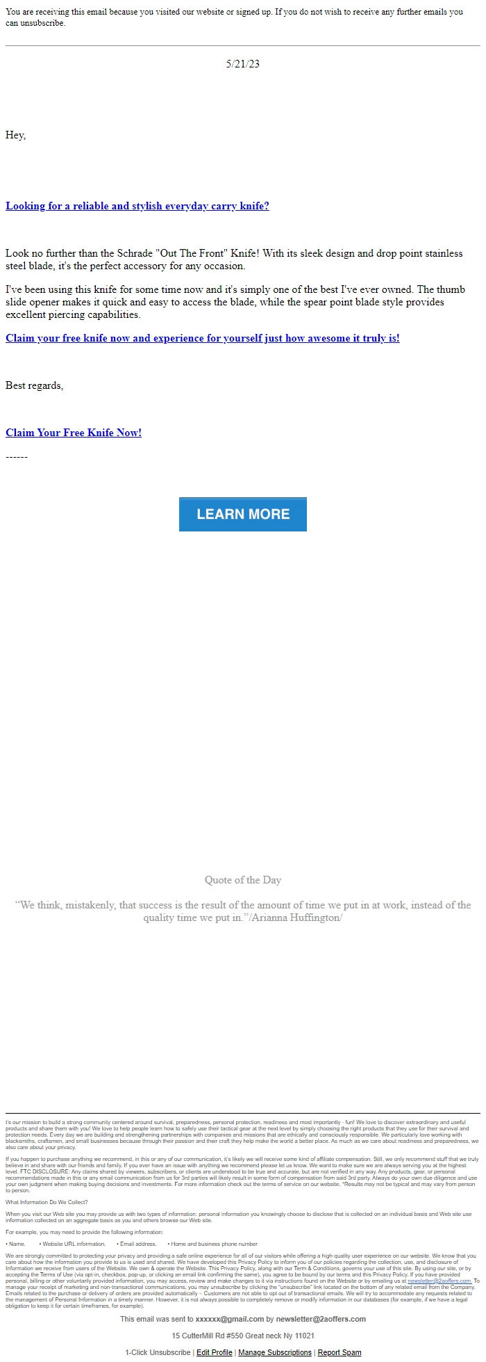 Screenshot of the email generated on import