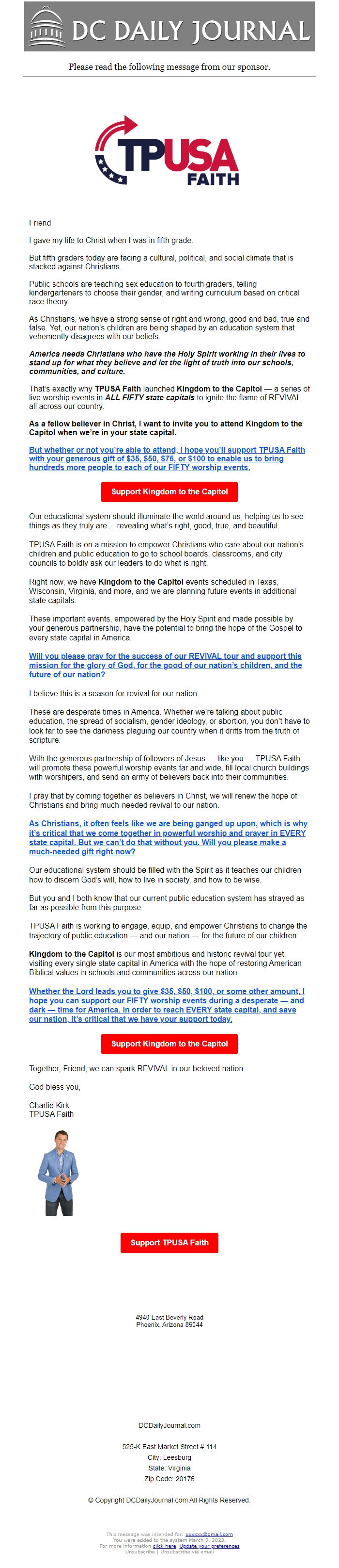 Screenshot of the email generated on import
