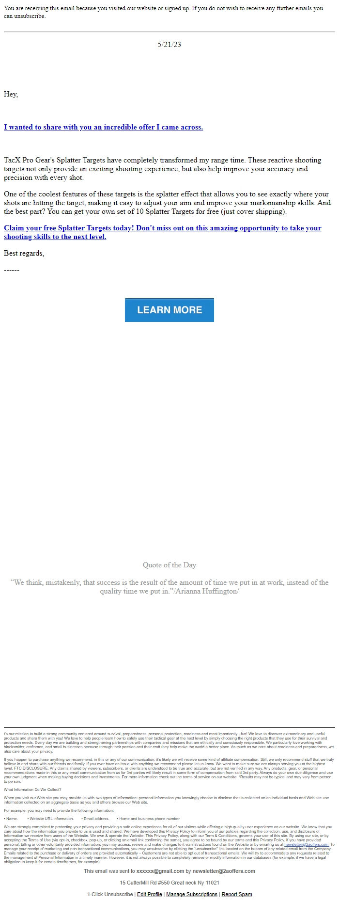 Screenshot of the email generated on import