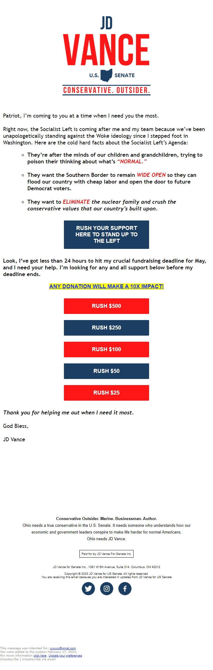 Screenshot of the email generated on import