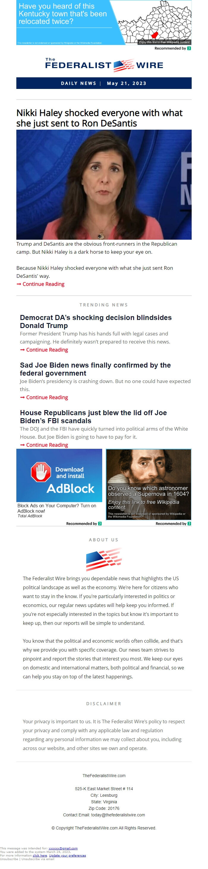 Screenshot of the email generated on import
