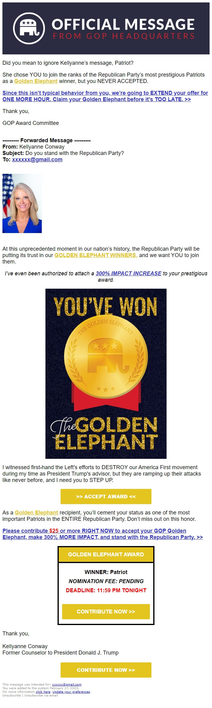 Screenshot of the email generated on import