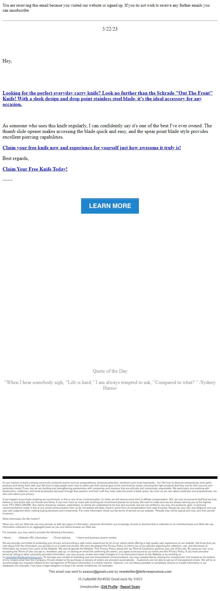 Screenshot of the email generated on import