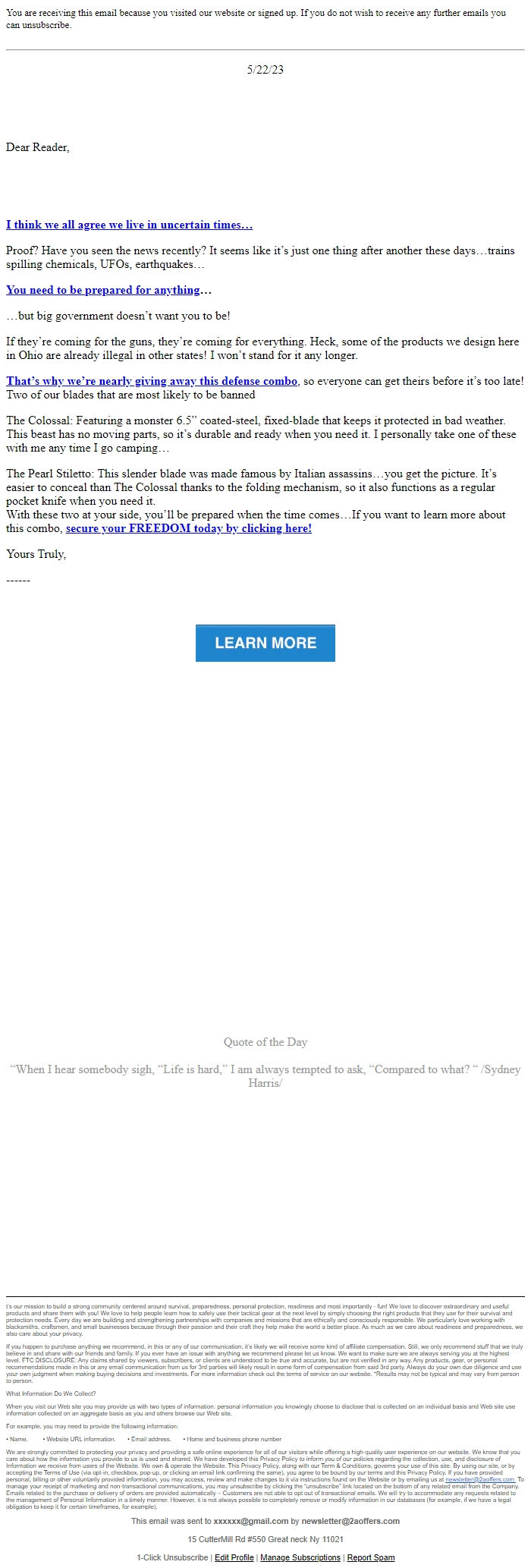 Screenshot of the email generated on import