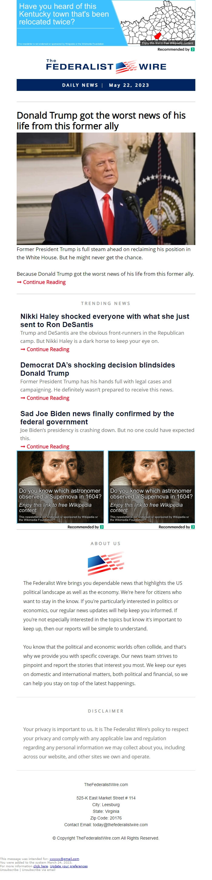 Screenshot of the email generated on import