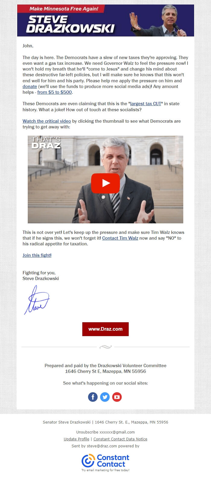 Screenshot of the email generated on import