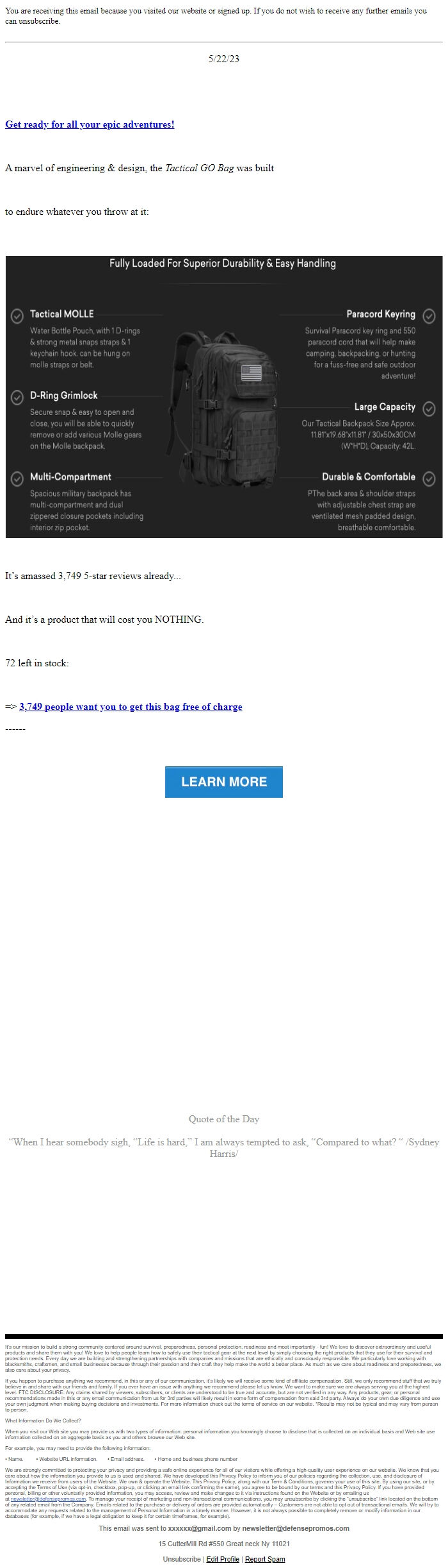 Screenshot of the email generated on import