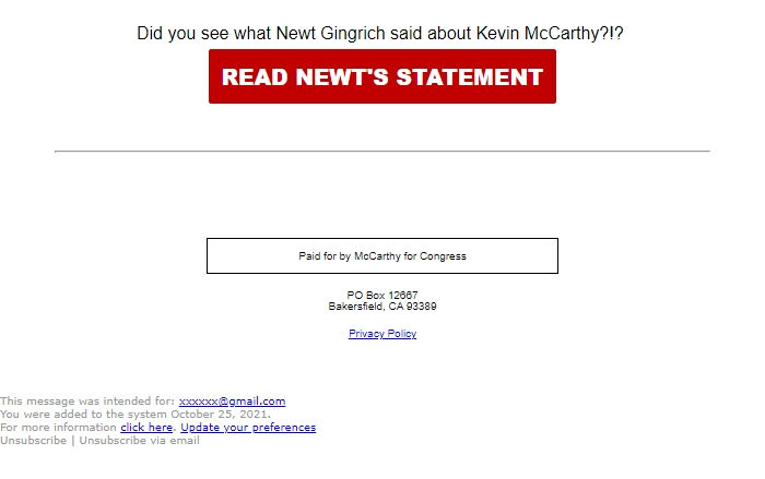 Screenshot of the email generated on import