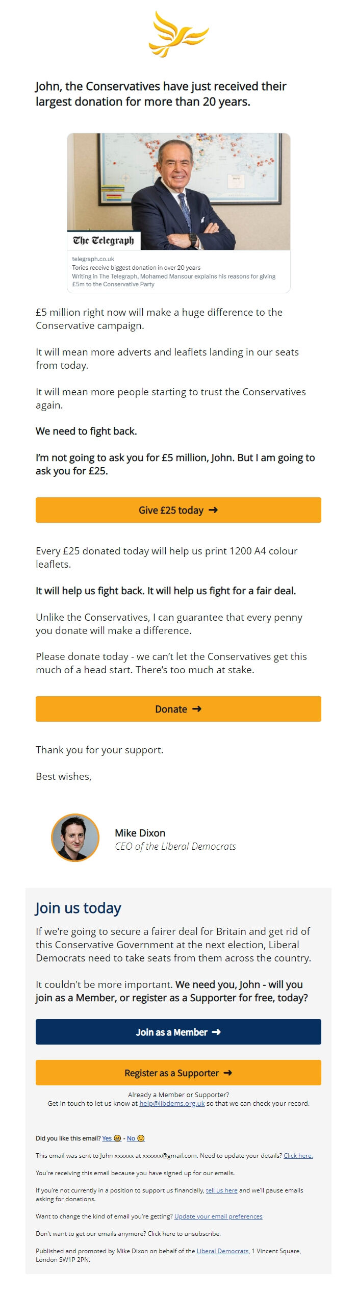 Screenshot of the email generated on import