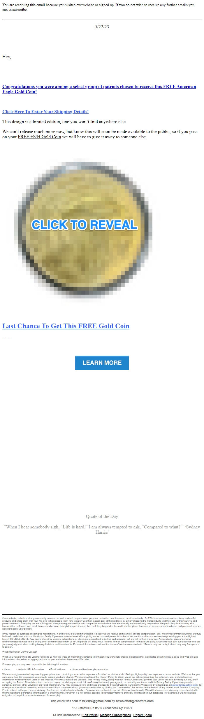 Screenshot of the email generated on import