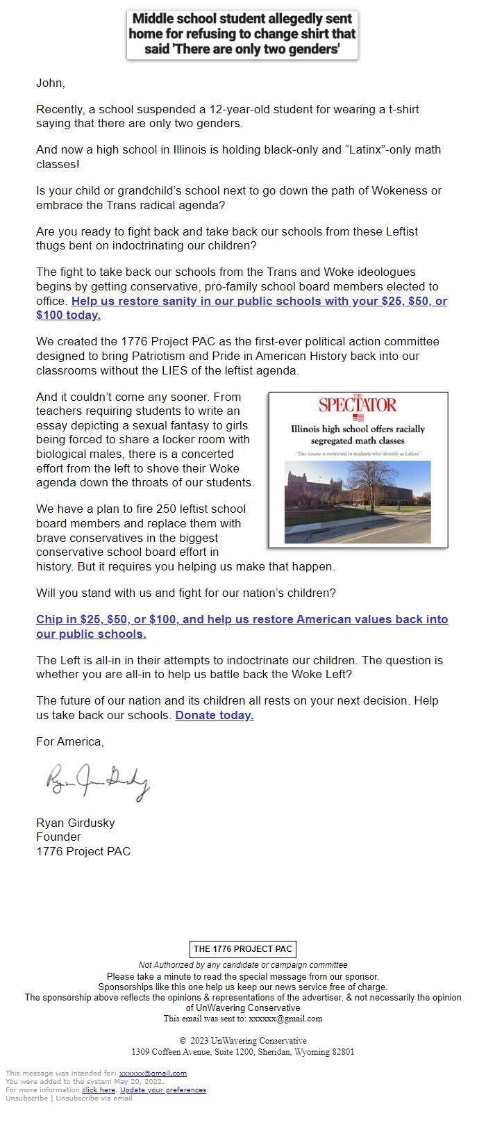 Screenshot of the email generated on import