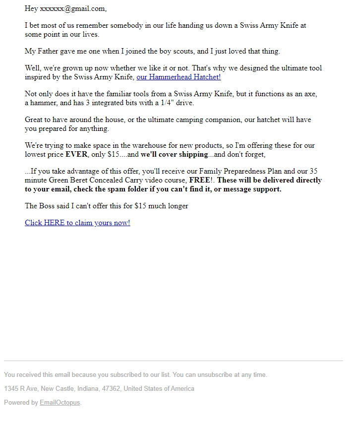 Screenshot of the email generated on import