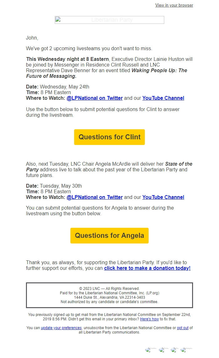 Screenshot of the email generated on import