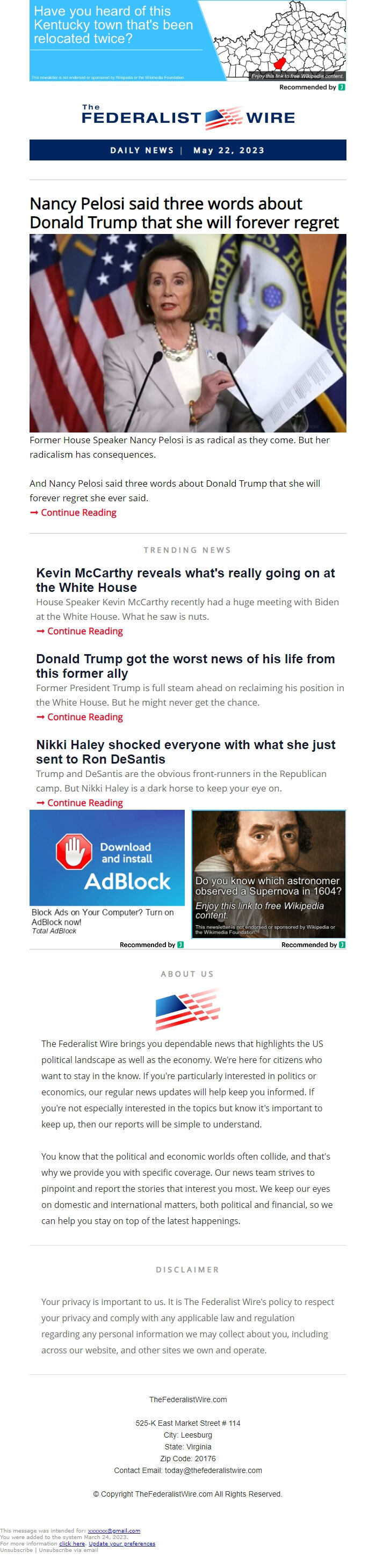 Screenshot of the email generated on import