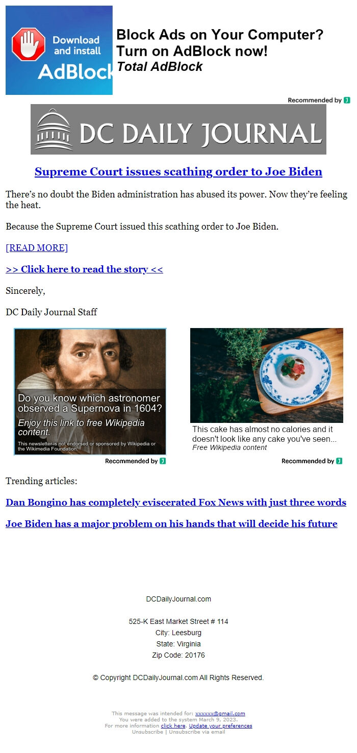 Screenshot of the email generated on import