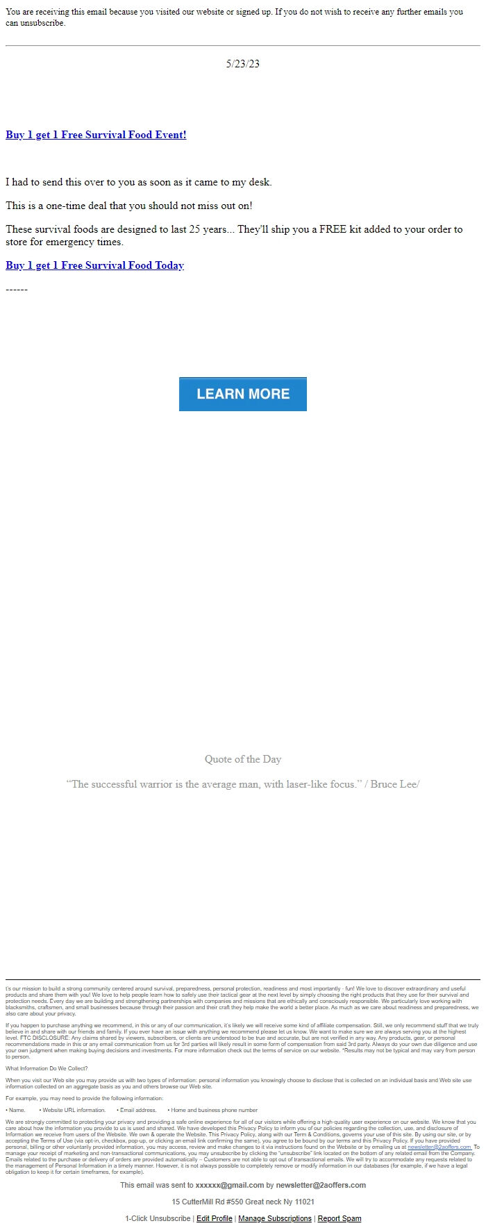 Screenshot of the email generated on import