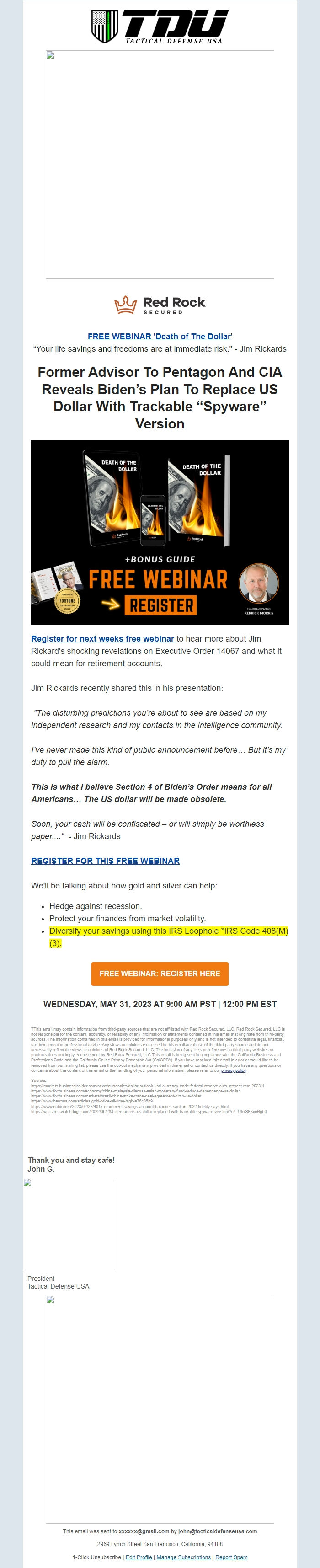 Screenshot of the email generated on import
