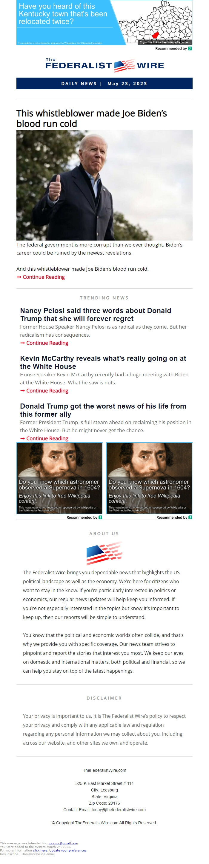 Screenshot of the email generated on import