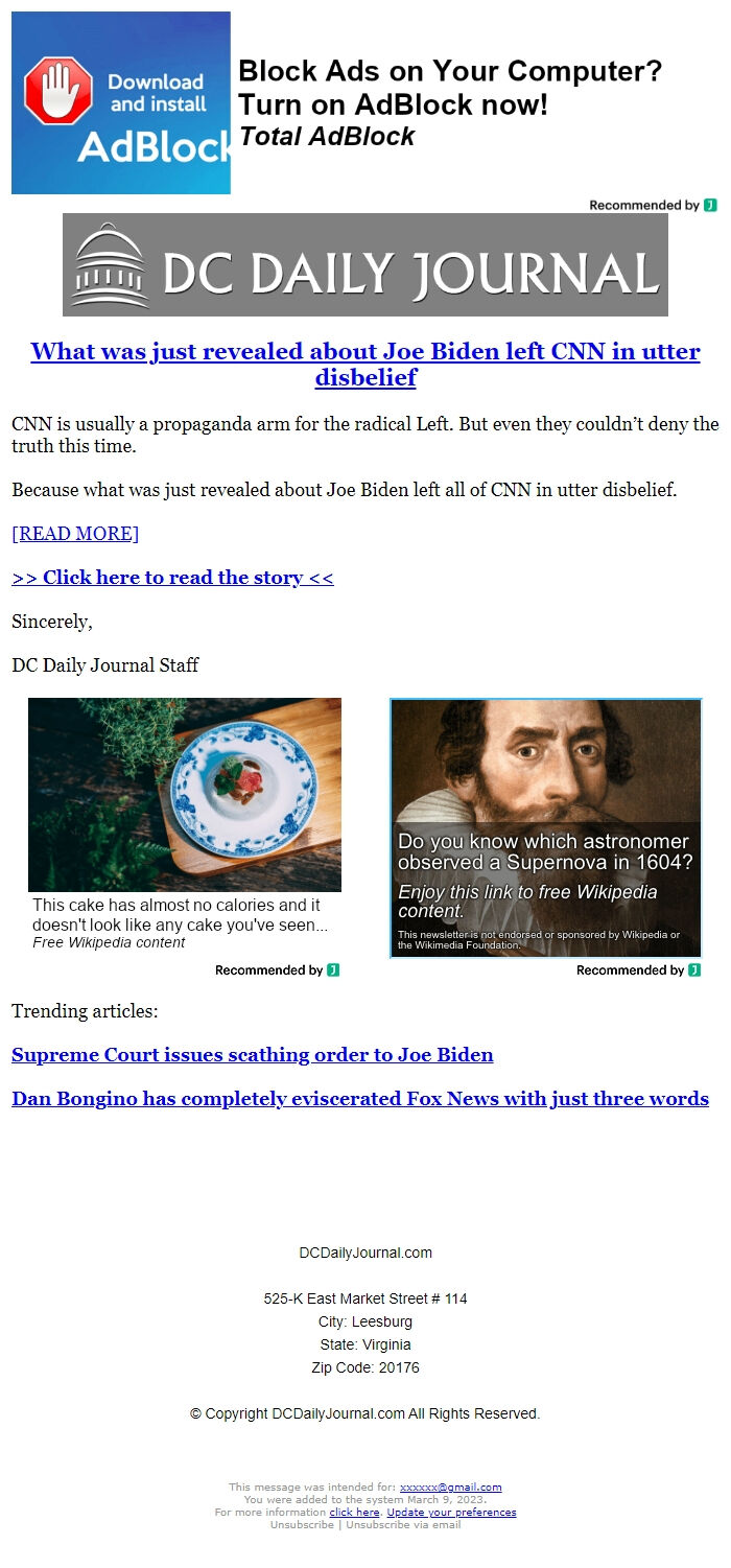 Screenshot of the email generated on import