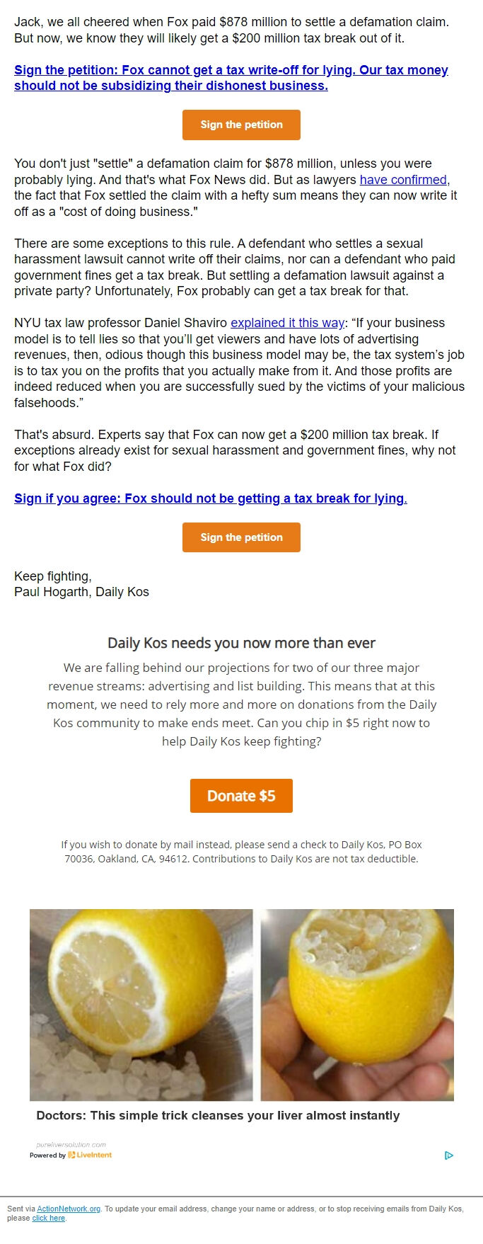 Screenshot of the email generated on import