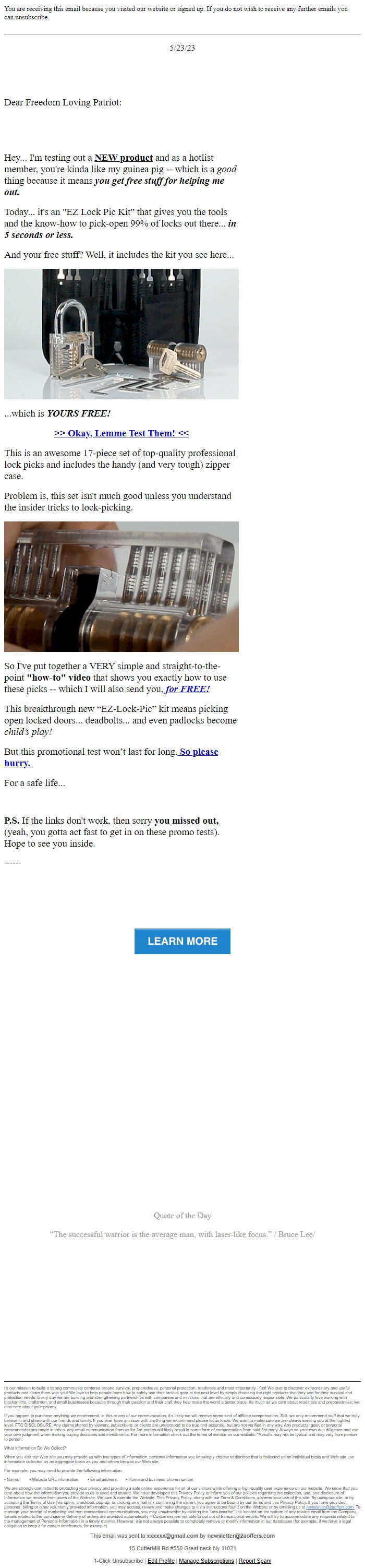 Screenshot of the email generated on import