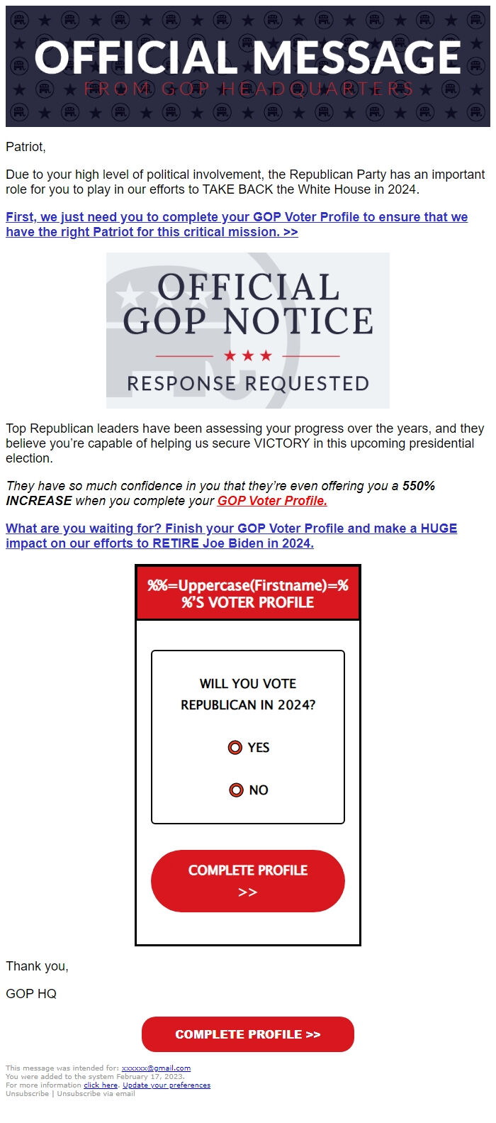 Screenshot of the email generated on import