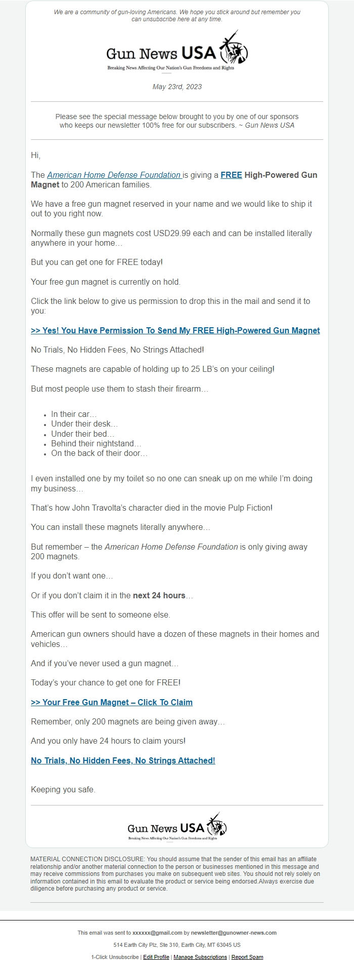 Screenshot of the email generated on import