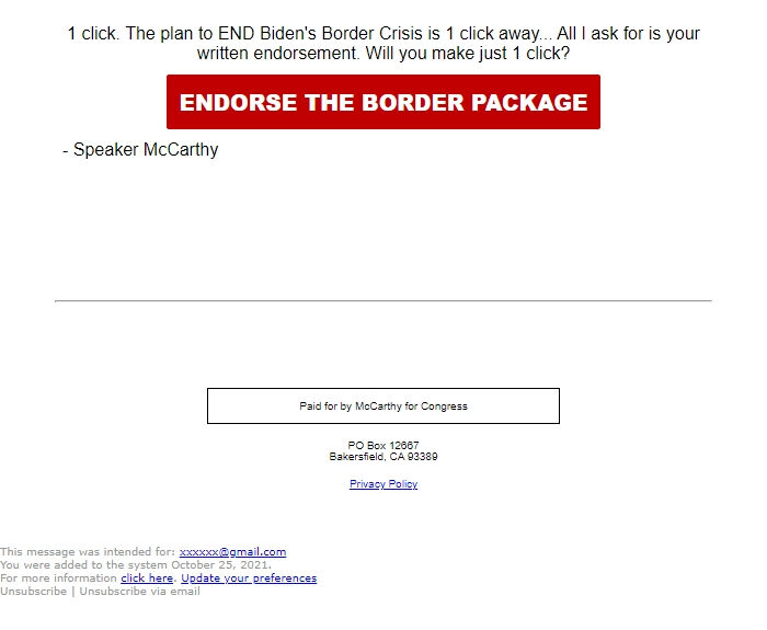 Screenshot of the email generated on import