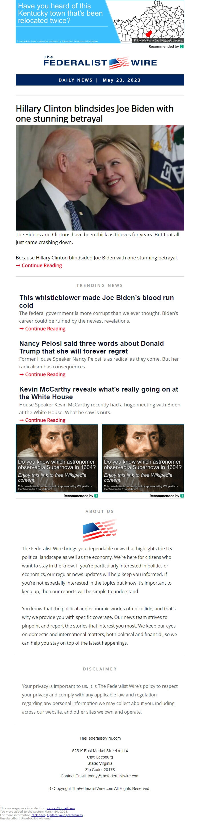 Screenshot of the email generated on import