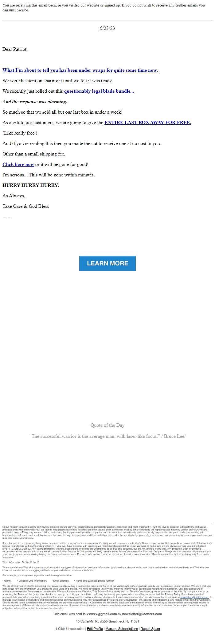 Screenshot of the email generated on import