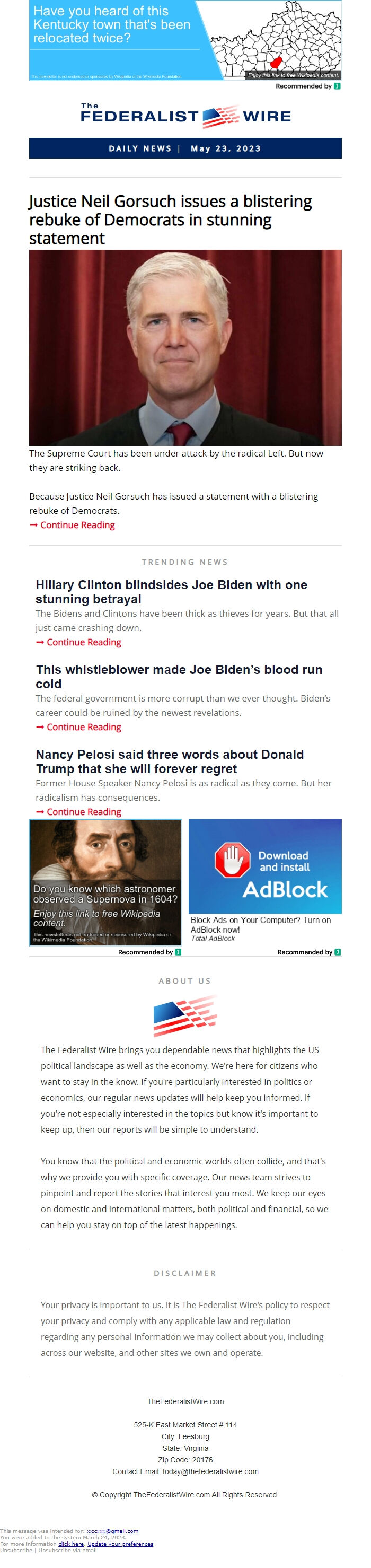 Screenshot of the email generated on import