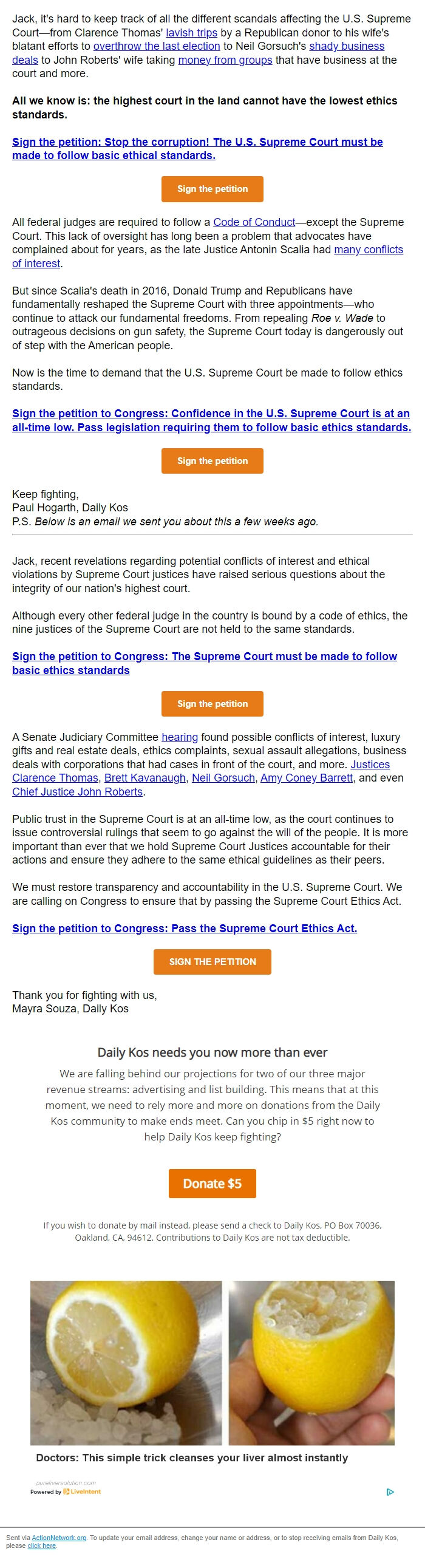 Screenshot of the email generated on import