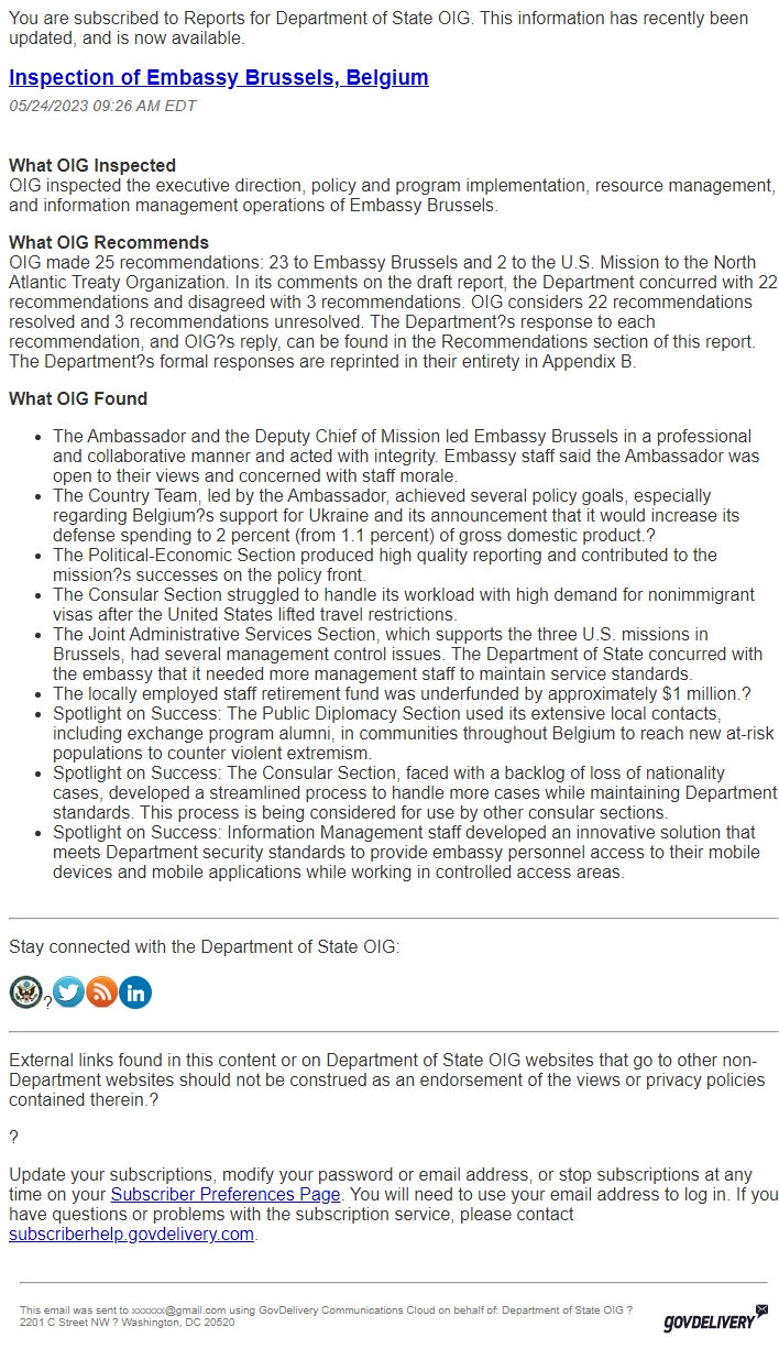 Screenshot of the email generated on import