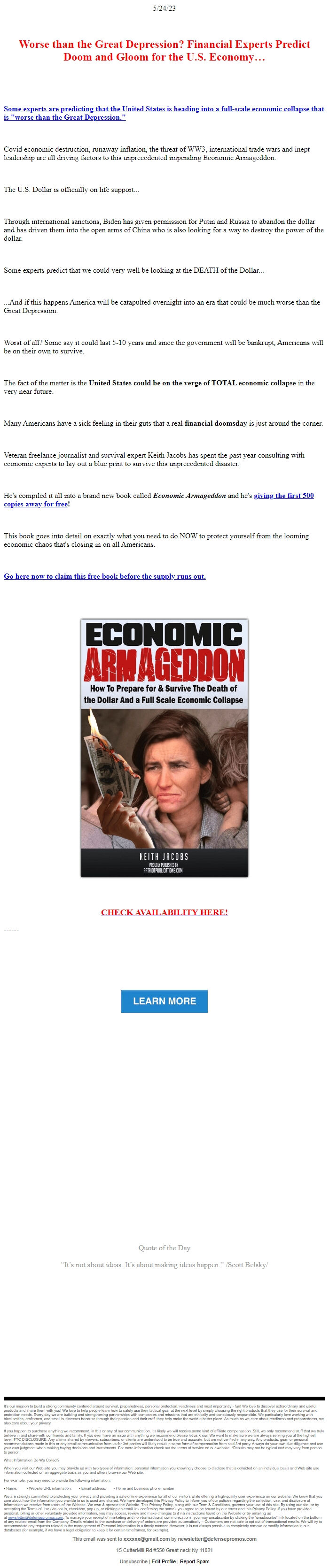 Screenshot of the email generated on import