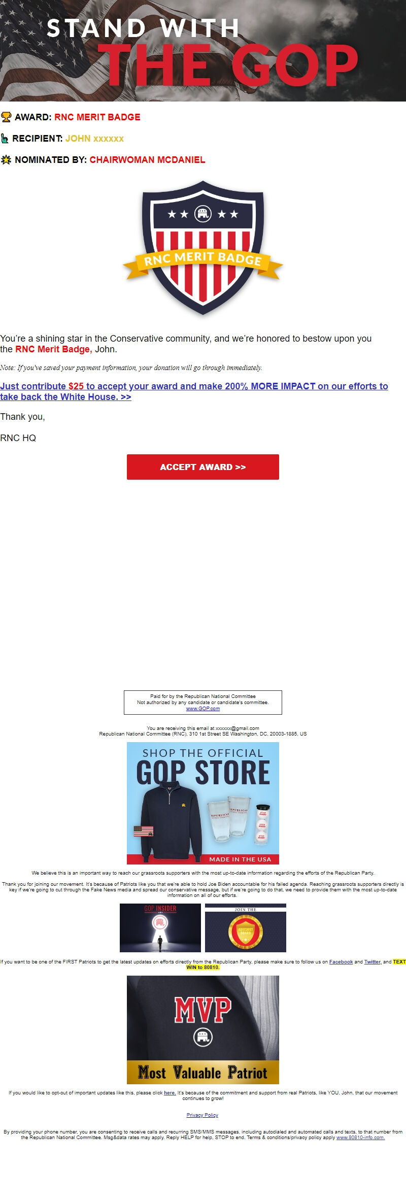 Screenshot of the email generated on import