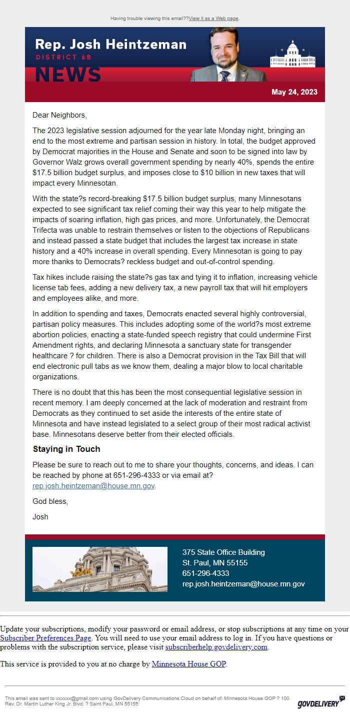 Screenshot of the email generated on import