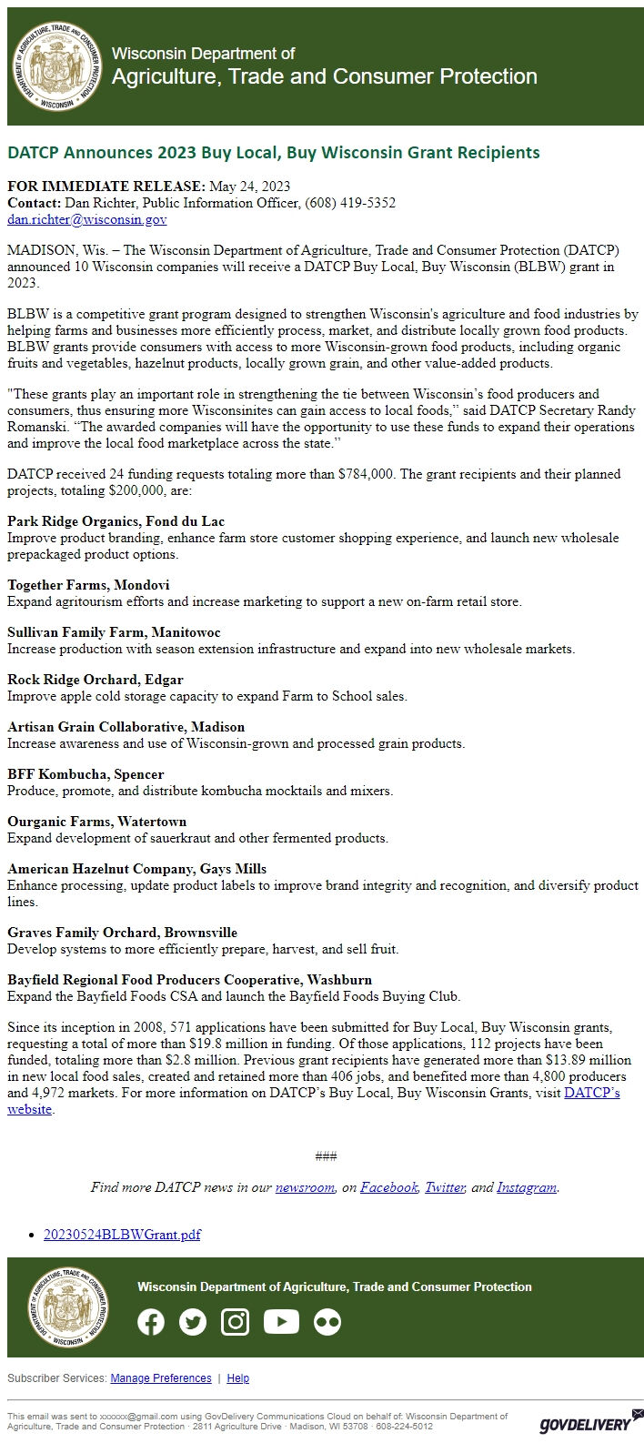 Screenshot of the email generated on import