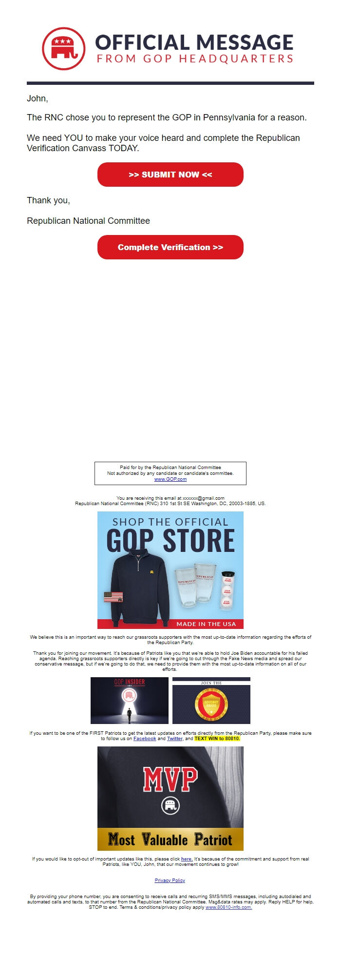 Screenshot of the email generated on import